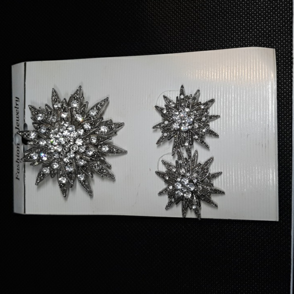 Faux Crystal Brooch & Pierced Earring Set